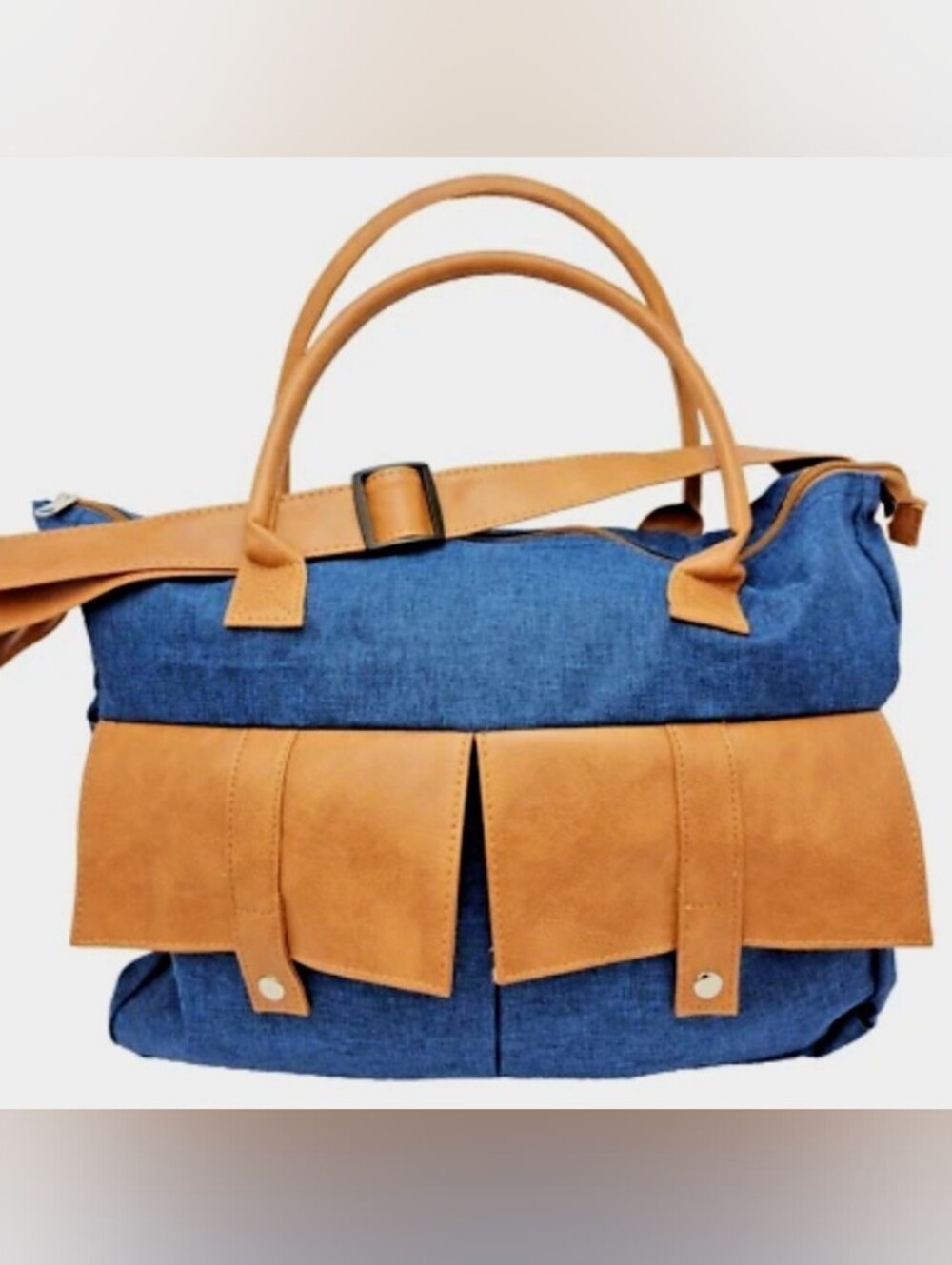 NEW Blue Canvas/Denim Messenger Bag w/Tan Vegan Leather Trim
